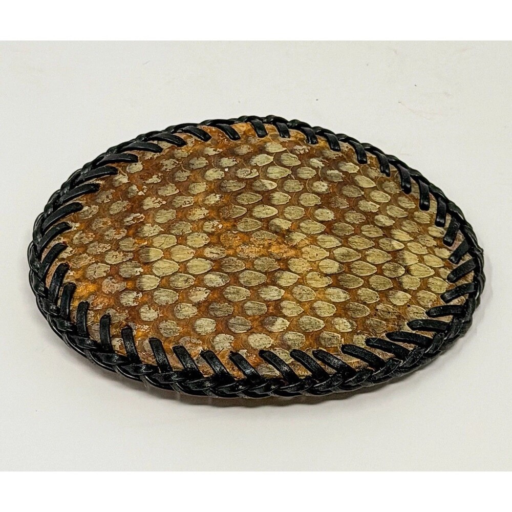 Vintage Genuine Rattlesnake Skin Belt Buckle Hand Stitched Western Leather